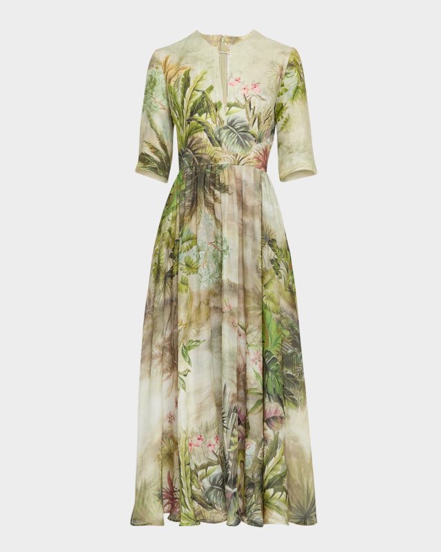 Mixed-Media Printed Short-Sleeve Midi Dress